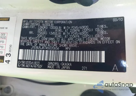 2010 Toyota 4Runner Limited V6 from USA, damaged, VIN JTEBU5JR7A5020656